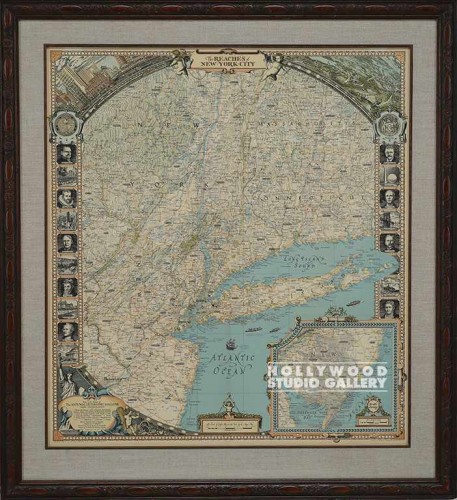 36X32 VINT.MAP- NEW YORK/CARVED WD