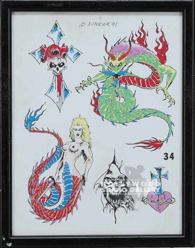 12X9 TATTOO FLASH #34-DRAGON-SKULLS