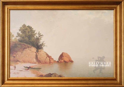 28X39 BEACH SCAPE ROCKS-BOAT