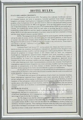 10X7 HOTEL RULES/FRAMED IN METAL
