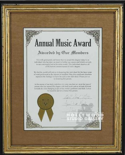13X16  ANNUAL MUSIC AWARD CERT