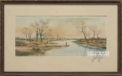 18x28 Landscape/River/Boat/Brwn Frm