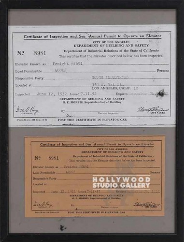 13x10 CERT. OF INSPECTION/ELEVATOR