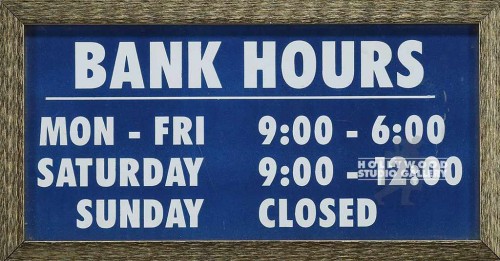 7x13 Bank Hours Sign/Gold Frame
