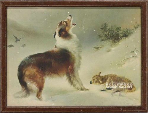 10X13 DOG & LAMB PAINTING/BRWN FRMD