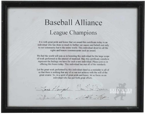 BASEBALL ALLIANCE CERTIFICATE