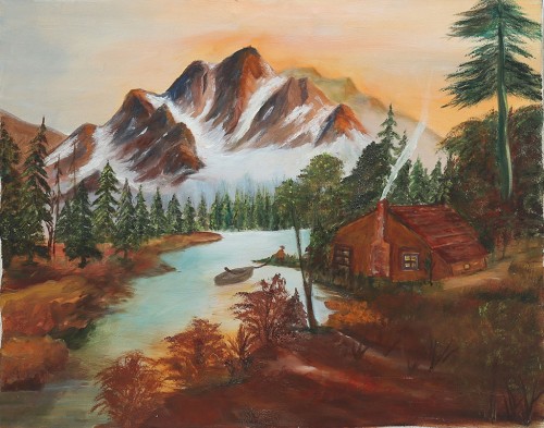 16X20 AVIS/LOG CABIN/MNT./RIVER/CNV