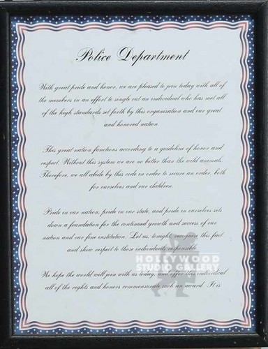 FRAMED POLICE DEPT. CERTIFICATE