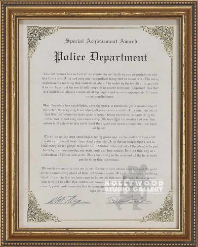13x10 GOLD FRM/POLICE DEPT CERT.